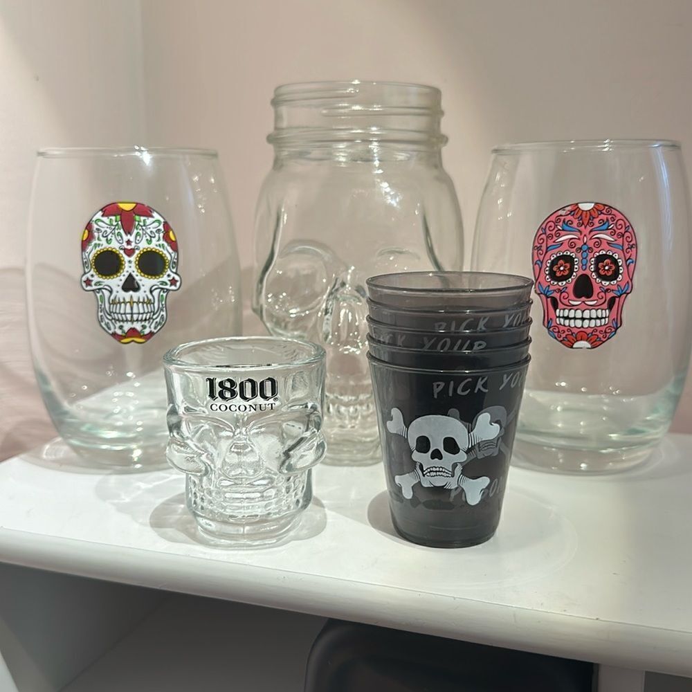 Sugar Skull Drinkware Bundle Shot Glasses Water Goblets Mason Jar Skull